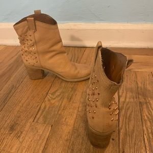 Tan Leather and Jeweled Block Heel Bootie